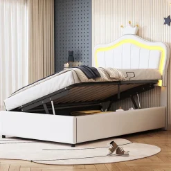 Lit 90x200 cm avec tête de lit coquillage couronnée et coffre hydraulique, éclairage LED, tapissé cuir blanc