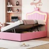 Lit 90x200 cm avec tête de lit coquille et LED intégrées, rangement hydraulique, similicuir rose réglable