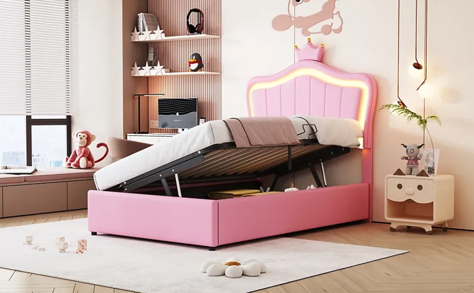 Lit 90x200 cm avec tête de lit coquille et LED intégrées, rangement hydraulique, similicuir rose réglable
