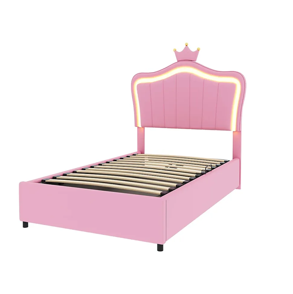 Lit 90x200 cm avec tête de lit coquille et LED intégrées, rangement hydraulique, similicuir rose réglable