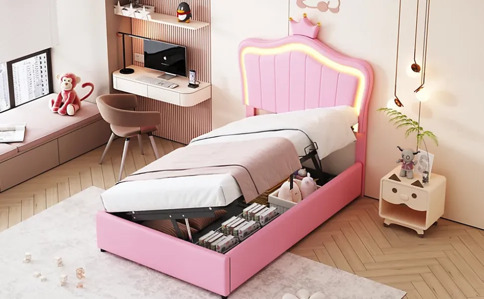 Lit 90x200 cm avec tête de lit coquille et LED intégrées, rangement hydraulique, similicuir rose réglable