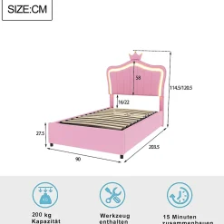 Lit 90x200 cm avec tête de lit coquille et LED intégrées, rangement hydraulique, similicuir rose réglable