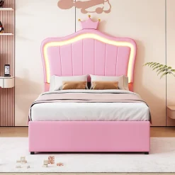 Lit 90x200 cm avec tête de lit coquille et LED intégrées, rangement hydraulique, similicuir rose réglable