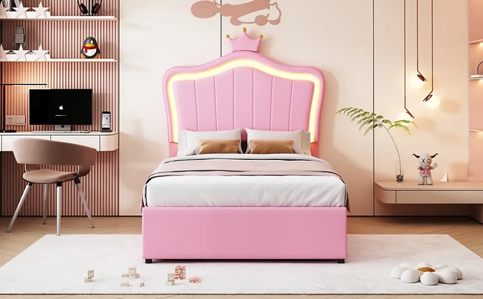 Lit 90x200 cm avec tête de lit coquille et LED intégrées, rangement hydraulique, similicuir rose réglable