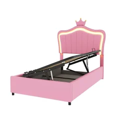 Lit 90x200 cm avec tête de lit coquille et LED intégrées, rangement hydraulique, similicuir rose réglable