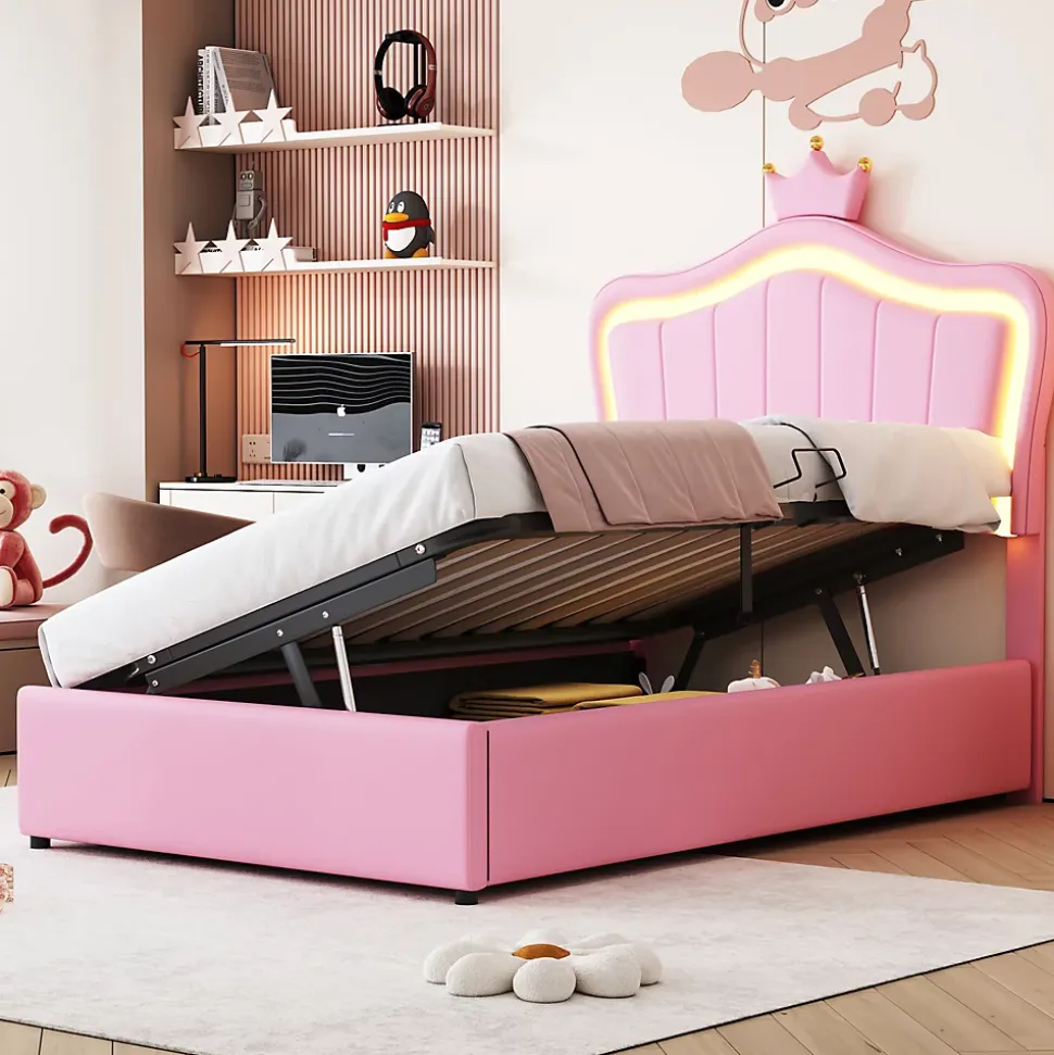 Lit 90x200 cm avec tête de lit coquille et LED intégrées, rangement hydraulique, similicuir rose réglable