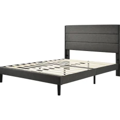 Lit 140x200 cm avec tête de lit rembourrée, sommier à lattes intégré et revêtement lin gris foncé