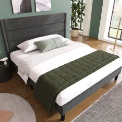 Lit 140x200 cm avec tête de lit rembourrée, sommier à lattes intégré et revêtement lin gris foncé