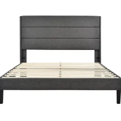 Lit 140x200 cm avec tête de lit rembourrée, sommier à lattes intégré et revêtement lin gris foncé