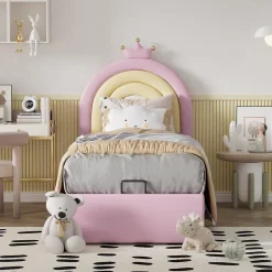 Lit 90x200 cm avec tête de lit réglable, tapissé PU rose et sommier à lattes, design contemporain