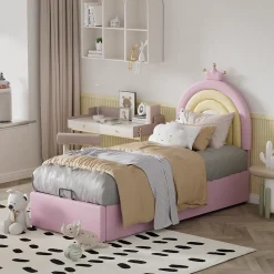 Lit 90x200 cm avec tête de lit réglable, tapissé PU rose et sommier à lattes, design contemporain