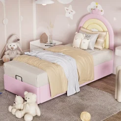 Lit 90x200 cm avec tête de lit réglable, tapissé PU rose et sommier à lattes, design contemporain