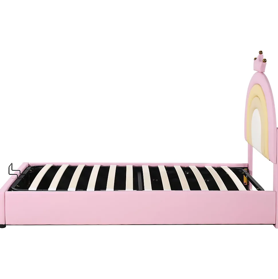 Lit 90x200 cm avec tête de lit réglable, tapissé PU rose et sommier à lattes, design contemporain