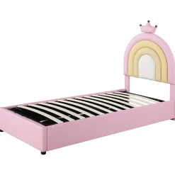 Lit 90x200 cm avec tête de lit réglable, tapissé PU rose et sommier à lattes, design contemporain