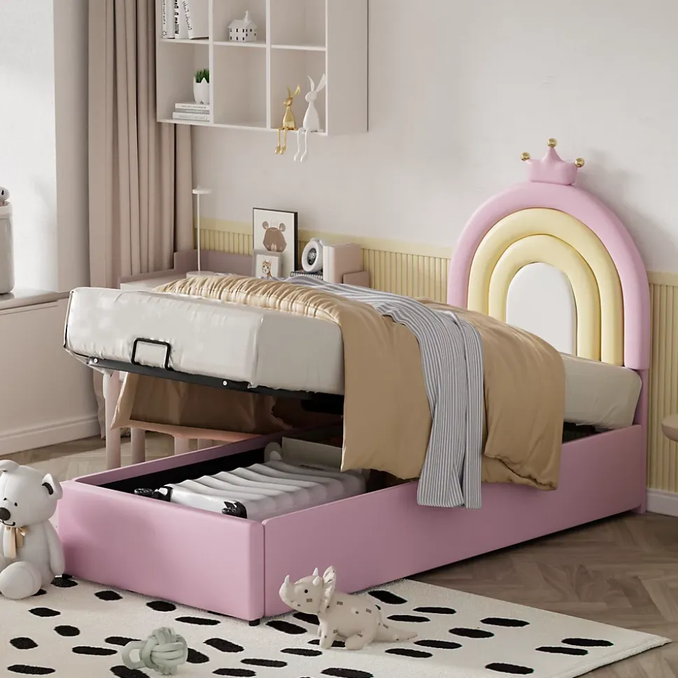 Lit 90x200 cm avec tête de lit réglable, tapissé PU rose et sommier à lattes, design contemporain