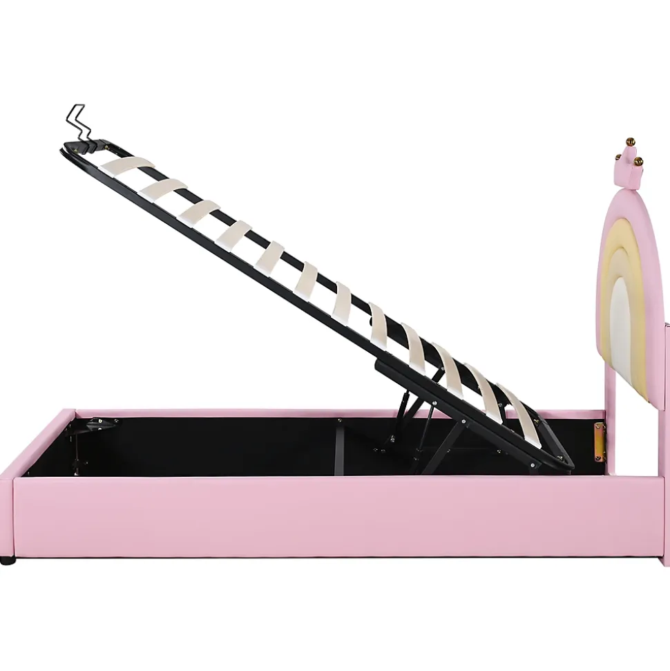 Lit 90x200 cm avec tête de lit réglable, tapissé PU rose et sommier à lattes, design contemporain