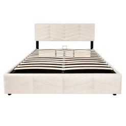 Lit 140x190 cm avec tête de lit capitonnée réglable en velours beige, design intemporel classique et contemporain