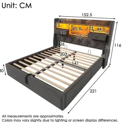 Lit 140x200 cm avec tête de lit à éclairage led et rangement hydraulique, revêtement en lin gris style rétro