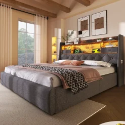 Lit 140x200 cm avec tête de lit à éclairage led et rangement hydraulique, revêtement en lin gris style rétro