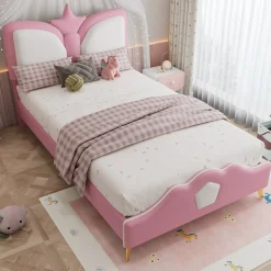 Lit 90x200 cm avec tête de lit en forme de couronne, tapissé PU rose et blanc, cadre métal et pieds dorés