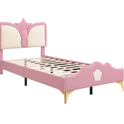 Lit 90x200 cm avec tête de lit en forme de couronne, tapissé PU rose et blanc, cadre métal et pieds dorés