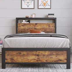 Lit 90x200 cm avec tête de rangement et espace sous-lit 26,5 cm, cadre métal et panneau bois naturel