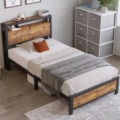 Lit 90x200 cm avec tête de rangement et espace sous-lit 26,5 cm, cadre métal et panneau bois naturel