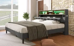 Lit 140x200 cm avec tête de rangement et bande LED, cadre bois massif tapissé lin gris, rangements intégrés