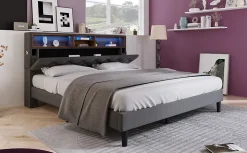 Lit 140x200 cm avec tête de rangement et bande LED, cadre bois massif tapissé lin gris, rangements intégrés