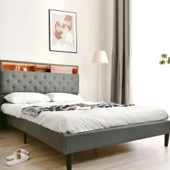 Lit 140x200 cm avec tête de rangement et bande LED, cadre bois massif tapissé lin gris, rangements intégrés