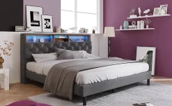 Lit 140x200 cm avec tête de rangement et bande LED, cadre bois massif tapissé lin gris, rangements intégrés