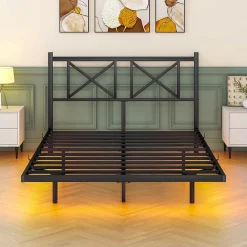 Lit 140x200 cm avec tête de rangement, effet flottant et éclairage LED intégré, cadre métal noir moderne