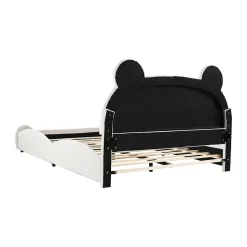 Lit 140x200 cm avec tête d'ours tapissée velours blanc, cadre bois et métal pour chambre d'enfant