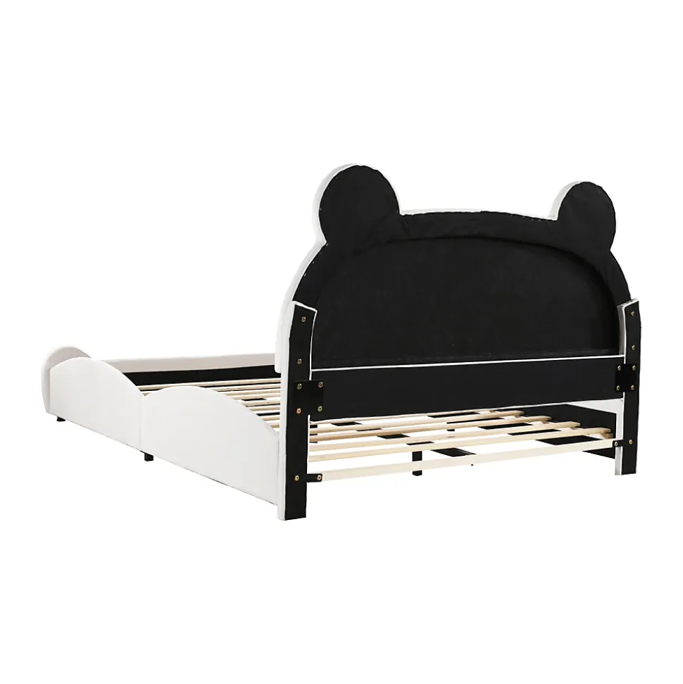 Lit 140x200 cm avec tête d'ours tapissée velours blanc, cadre bois et métal pour chambre d'enfant