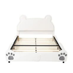 Lit 140x200 cm avec tête d'ours tapissée velours blanc, cadre bois et métal pour chambre d'enfant