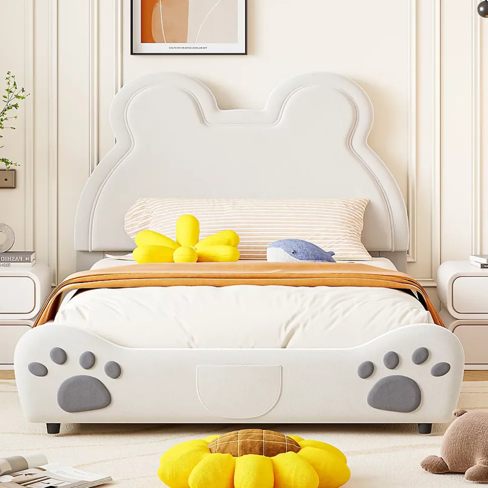 Lit 140x200 cm avec tête d'ours tapissée velours blanc, cadre bois et métal pour chambre d'enfant