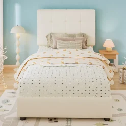 Lit 90x200 cm avec tête en forme de biscuit beige, cadre PU et métal, dossier rembourré et bords mousse