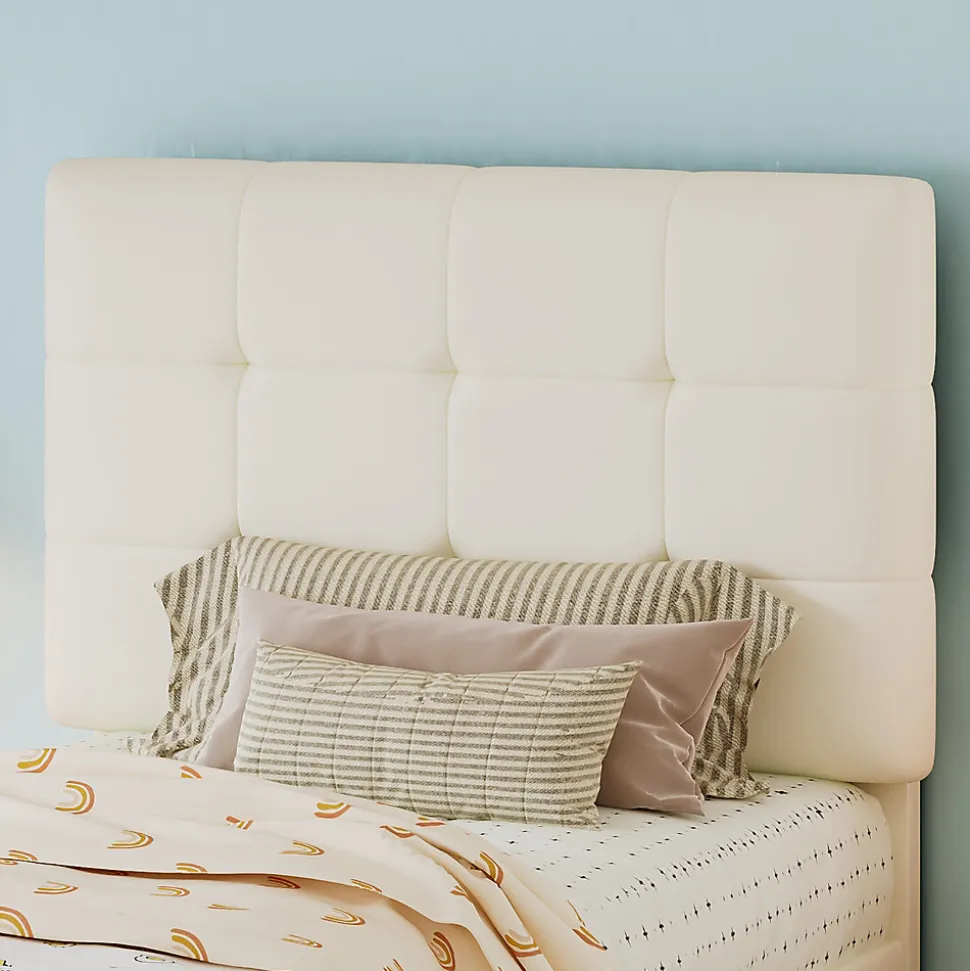 Lit 90x200 cm avec tête en forme de biscuit beige, cadre PU et métal, dossier rembourré et bords mousse