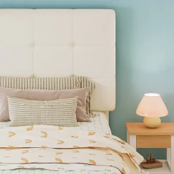 Lit 90x200 cm avec tête en forme de biscuit beige, cadre PU et métal, dossier rembourré et bords mousse