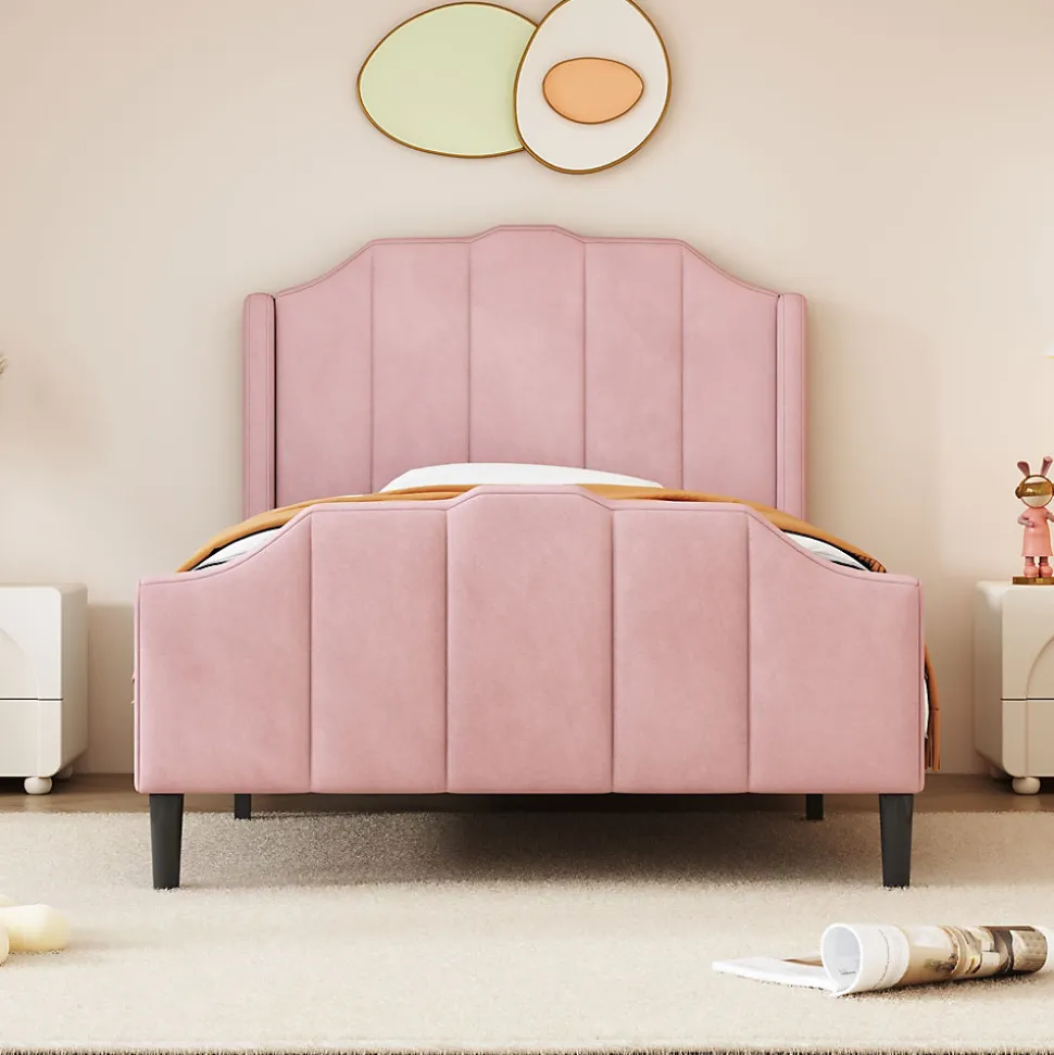 Lit 90x200 cm avec tête et pied rembourrés en velours rose, cadre MDF solide et 12 lattes renforcées