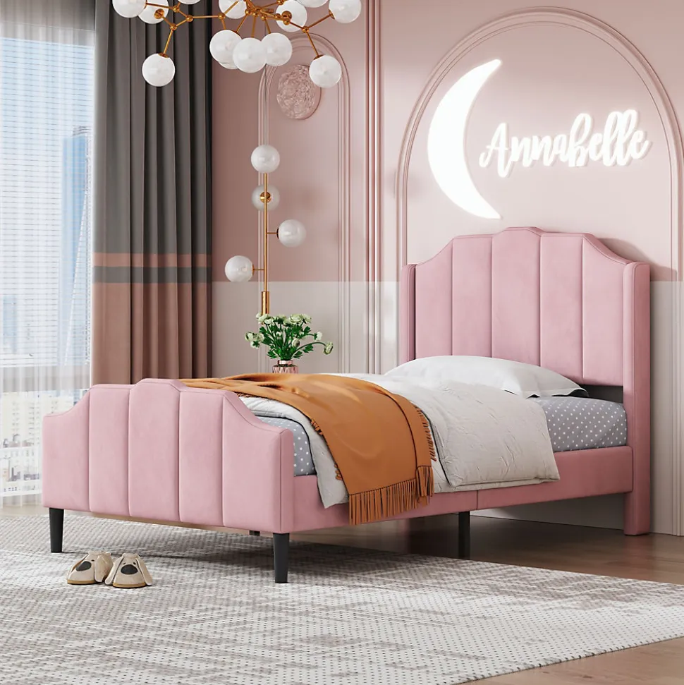 Lit 90x200 cm avec tête et pied rembourrés en velours rose, cadre MDF solide et 12 lattes renforcées