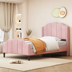 Lit 90x200 cm avec tête et pied rembourrés en velours rose, cadre MDF solide et 12 lattes renforcées