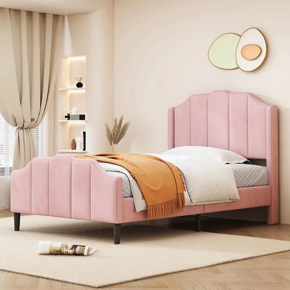 Lit 90x200 cm avec tête et pied rembourrés en velours rose, cadre MDF solide et 12 lattes renforcées