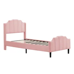 Lit 90x200 cm avec tête et pied rembourrés en velours rose, cadre MDF solide et 12 lattes renforcées