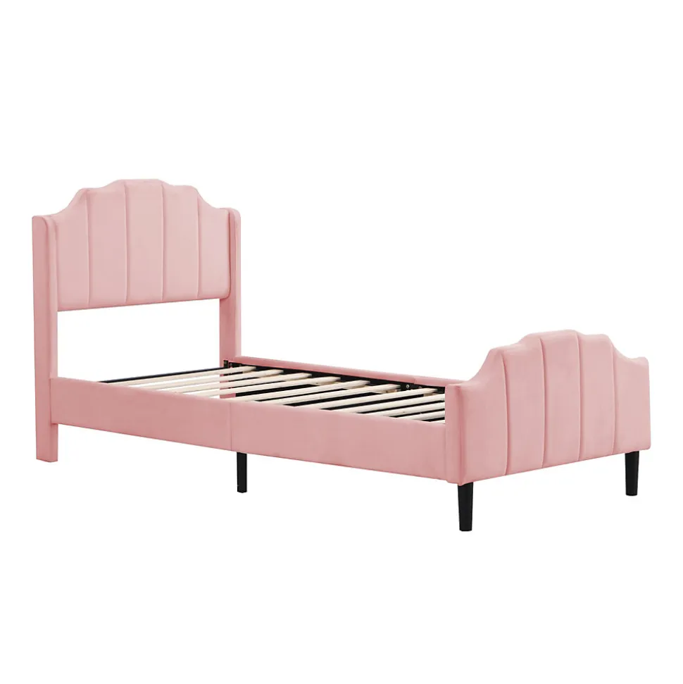 Lit 90x200 cm avec tête et pied rembourrés en velours rose, cadre MDF solide et 12 lattes renforcées