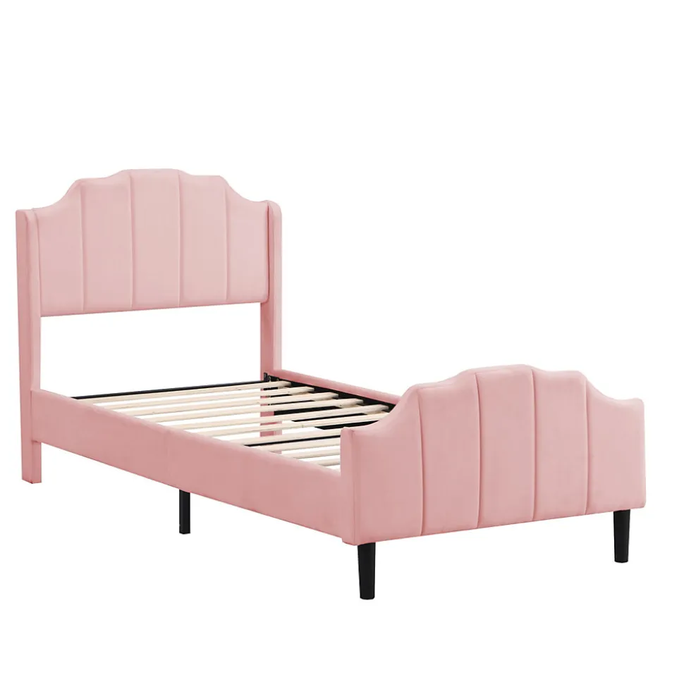 Lit 90x200 cm avec tête et pied rembourrés en velours rose, cadre MDF solide et 12 lattes renforcées