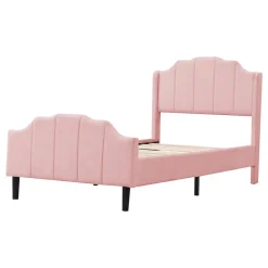 Lit 90x200 cm avec tête et pied rembourrés en velours rose, cadre MDF solide et 12 lattes renforcées