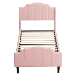 Lit 90x200 cm avec tête et pied rembourrés en velours rose, cadre MDF solide et 12 lattes renforcées