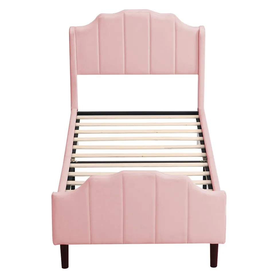 Lit 90x200 cm avec tête et pied rembourrés en velours rose, cadre MDF solide et 12 lattes renforcées