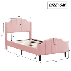 Lit 90x200 cm avec tête et pied rembourrés en velours rose, cadre MDF solide et 12 lattes renforcées